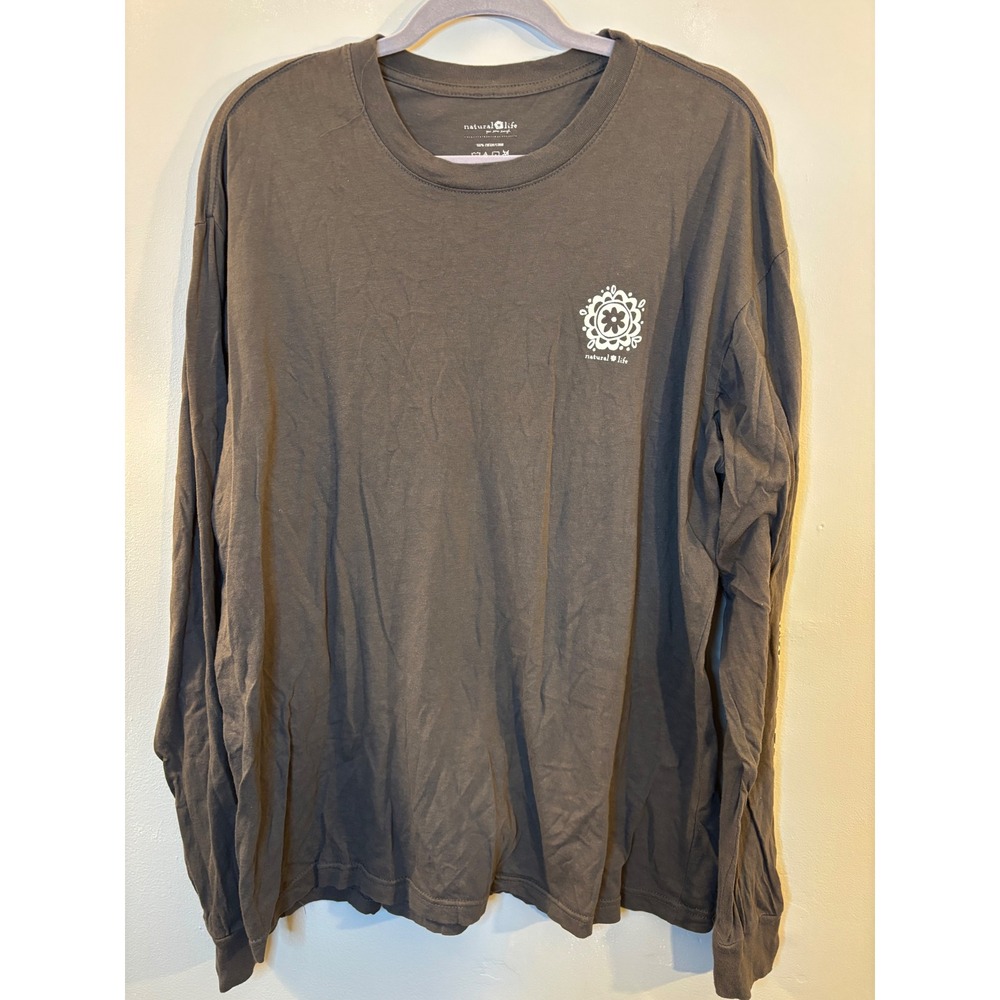 Natural Life Gray Be Happy Long Sleeve Cotton T Shirt XL Boho Tee